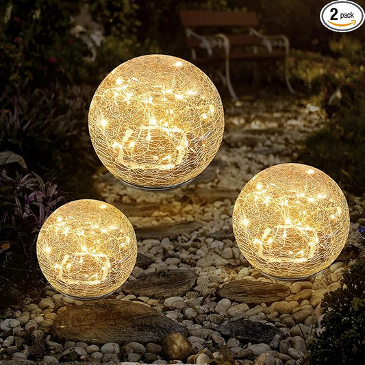 Garden Solar Lights Cracked Glass Ball Waterproof LED for Outdoor Decor Decorations Pathway Patio Yard Lawn, Warm White 2 Globe (4.7”)