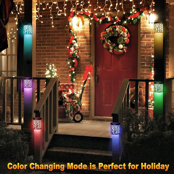 DenicMic Solar Wall Lights Outdoor Wall Sconce Fence Lighting for Patio Front Door Yard Deck Stair Led Forest Decorative Lamps, Waterproof, Warm White/Color Changing (4 Pack)