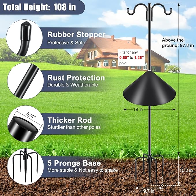 Gtongoko Bird Feeder Pole Squirrel Proof, 108 Inch Double Shepherds Hook for Outdoor with Squirrel Baffles Adjustable Heavy Duty with 5 Prongs Base for Hanging Plants, Bird Feeders, Black