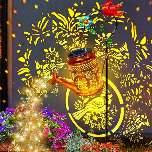 Solar Lights Outdoor Garden Decor, Cardinals Hanging Waterproof Watering Can Lights Outside Decorations for Yard Front Porch Patio Backyard Gift for Mom Grandma Women Birthday （with Shepherd Hook）