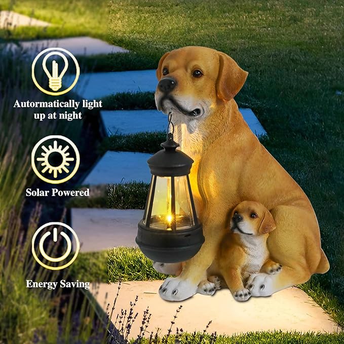 Afirst Solar Dog Statue Garden Decor- Outdoor Decor with Solar Lantern Lovely Labrador Mom with Baby Figurine Patio Lawn Yard Art Ornaments Housewarming Gift
