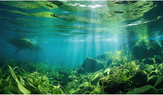 Under The Sea Fish Tank Background Aquatic Plants Deep Sea Aquarium Background Underwater Sunray Rock with Moss Terrarium Backgrounds Deep Ocean Floor Tropical Fish Tank Backgrounds 72x16in
