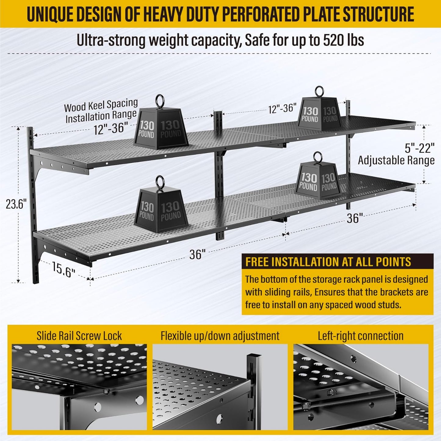 2-Pack×2 Tier 1.3x3ft Garage Shelving Wall Mounted, 800 lbs Load Capacity，15.6x36inch per Shelf Height Cassette Adjustable Floating Shelves（Total 4pcs）(Black)