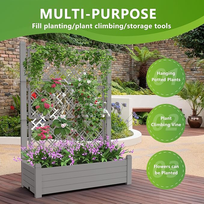59.3in Planter Box Trellis, Large Outdoor Plastic Raised Garden Bed with Drain Plug for Climbing Plants(Gray,43.43 * 18.27 * 59.29)