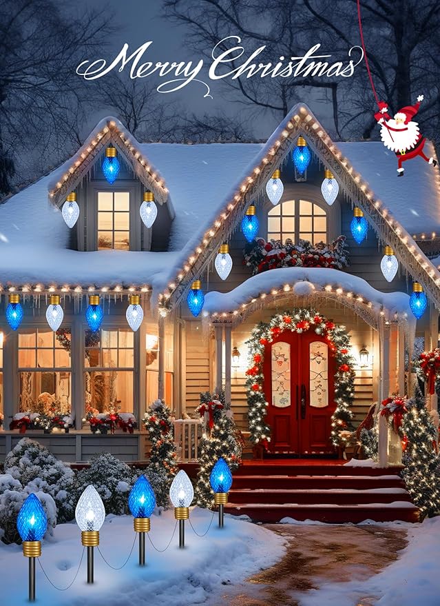 Brightown Strawberry Jumbo C9 Christmas Pathway Lights Outdoor -2 Pack Total 17 Feet 10 LED Jumbo C9 Walkway Lights, Christmas Lights Outdoor Decorations for Lawn Outside Holiday, Blue & Pure White