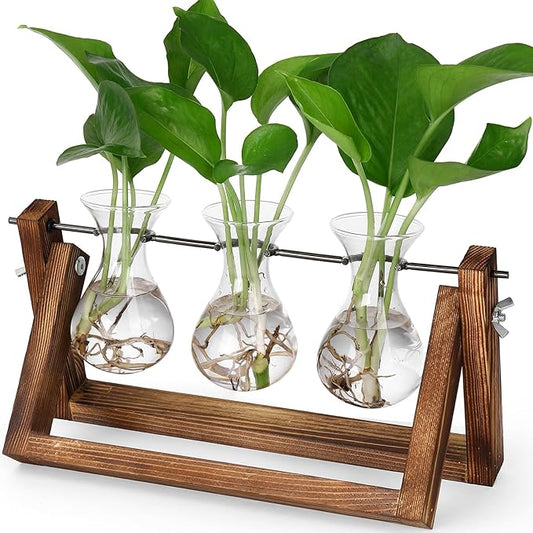 YIBOT Propagation Stations,Plant Terrarium with Retro Wooden Stand, Unique Gardening Birthday Gifts for Women Plant Lovers, Hydroponics Plants Home Office Garden Decor - 3 Bulb Glass Vases