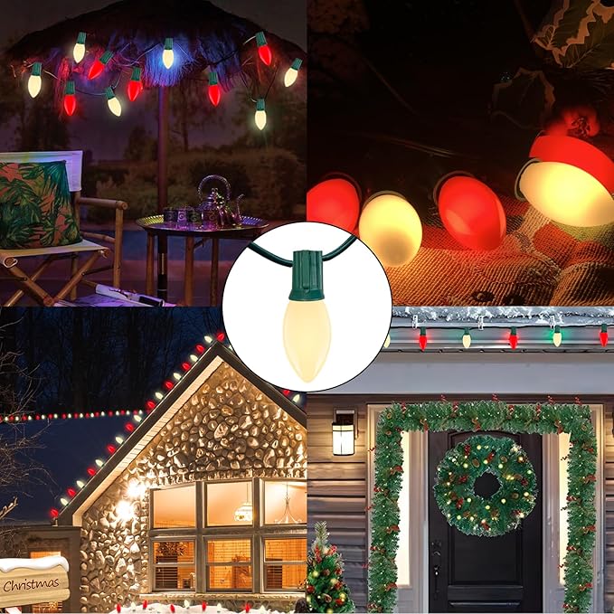 Red White LED Christmas Lights 25FT - Vintage C9 Outdoor String with 26 Bulbs, Extendable Commercial Holiday Decor for Roofline, Patio, Backyard & Parties