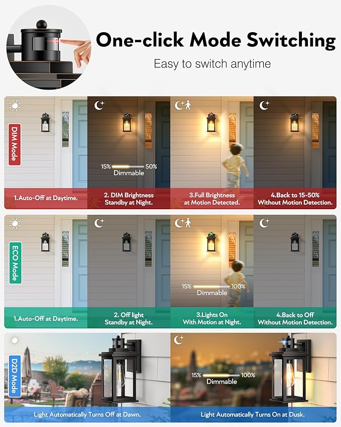 VIANIS 2 Packs Motion Sensor Outdoor Lights for House, Dusk to Dawn Front Porch Light, Black Gold Outdoor Light Fixture Sconce with Tempered Glass for House, Doorway, Entryway,Hardwired, Non-Solar