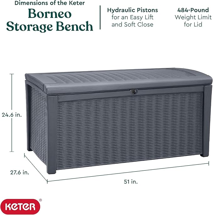 Keter Outdoor Storage Deck Box for Patio, Backyard & Garden, Borneo, 110 Gal, Grey - Lockable, Organizing, and Waterproof Plastic Container Bench