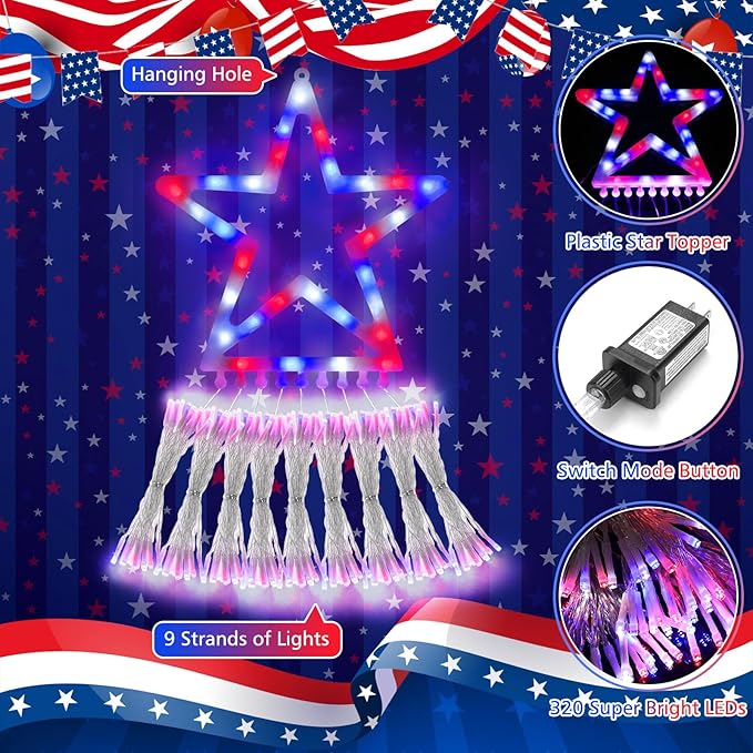 4th of July Decorations Lights, Red White Blue String Lights 320 LED 11.5 Ft Flag Stars Patriotic Light with Big Star Topper Waterproof 8 Light Modes for Indoor Outdoor Memorial Day Independence Day