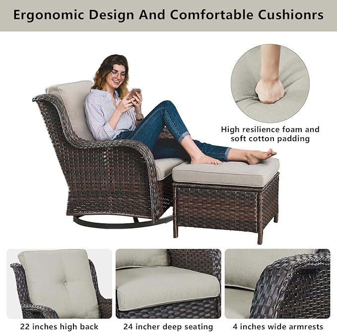 5 Piece Outdoor Patio Furniture Set - Wicker Furniture Patio Conversation Set, Outdoor Swivel Rocker Chairs with Loveseat Sofa and 2 Ottomans for Small Space, Beige Cushion