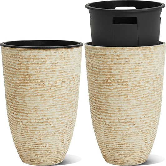 WORTH Garden 2-Pack 21" H. Beige Tall Planters with Inside Pots - 14'' Dia Plastic Large Round Plant Tree Pots - Decorative Imitation Stone Finish for Indoor Outdoor Front Porch Container Patio