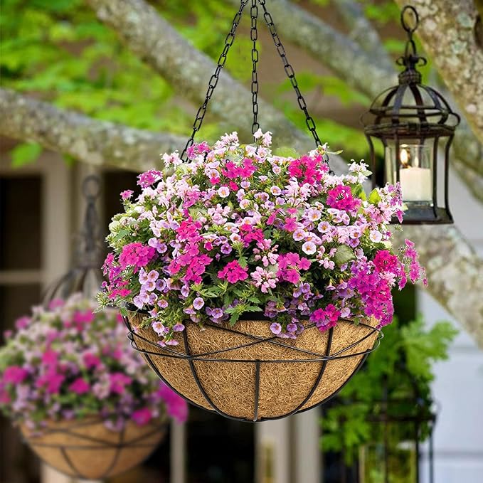 Hanging Planters for Outdoor Plants: 4 Pack 16" Hanging Baskets Flower Pots with Coco Liners & Plastic Saucer Extra Large Deep Hanging Plant Holder for Porch Balcony Garden Décor