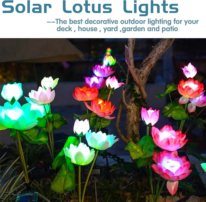 Solar Garden Lights - Solar Flower Lights, 7-Color Changing Lotus Lights for Yard, Garden Decoration, Bigger Solar Panel & Realistic Lotus Flowers (4 Pack)