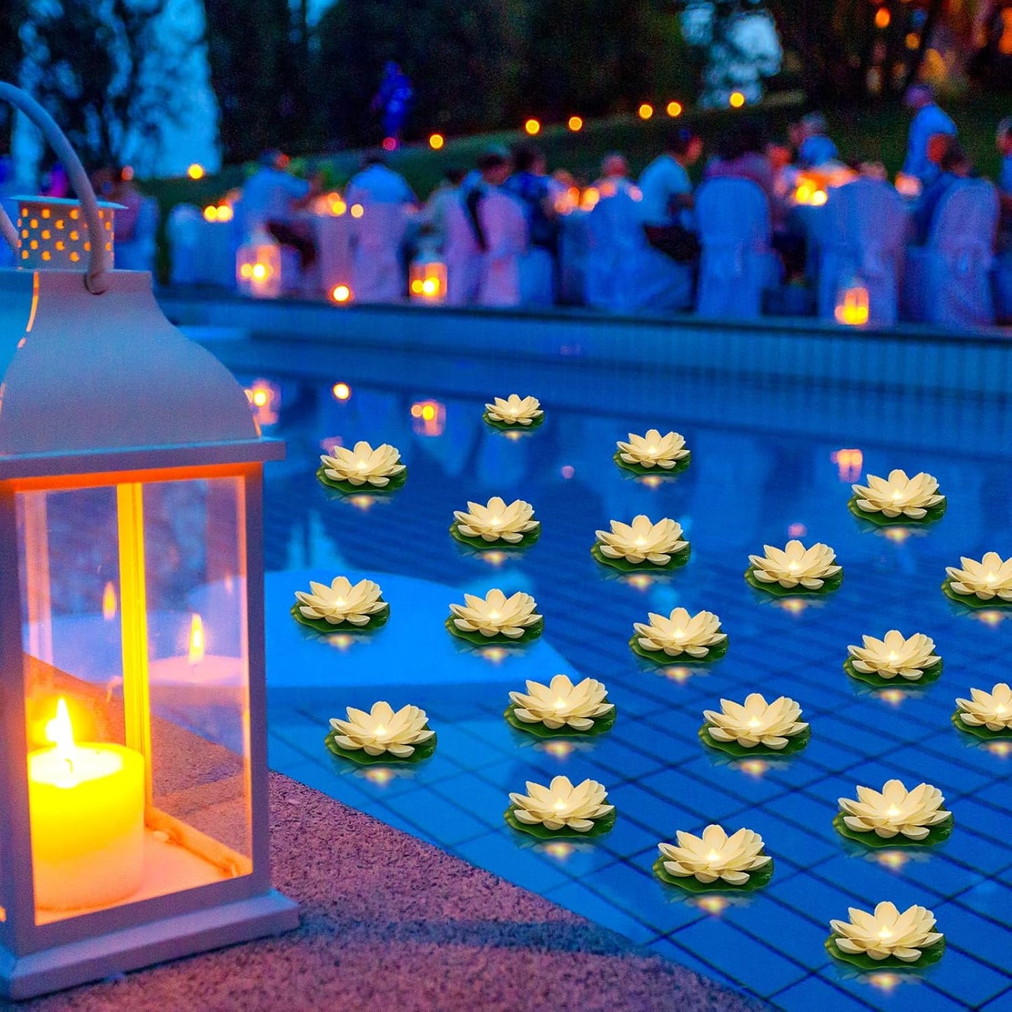 Liliful 36 Pcs Diwali Lotus Decoration Floating Lights Lotus Artificial Floating Flowers for Pool with LED Lights Battery Operated for Indian Puja Ganesh chaturthi Diwali(3.94 Inch,White)