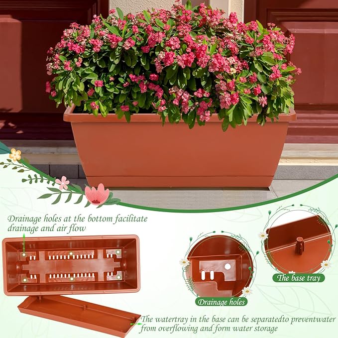 12Pcs 17Inches Rectangle Planter Box with Drainage Holes and Trays Plastic Planters Flower Boxes Pots for Indoor Outdoor Plants Patio Garden Home Decor Porch Yard (Red)