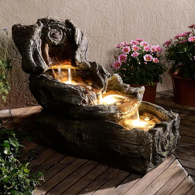31.5" L Garden Water Fountain Outdoor, Artifical Imitation Wood Outdoor Water Fountain Natural Waterfall with LED Lights for Patio,Porch,Backyard,Home Art Decor（Resin）