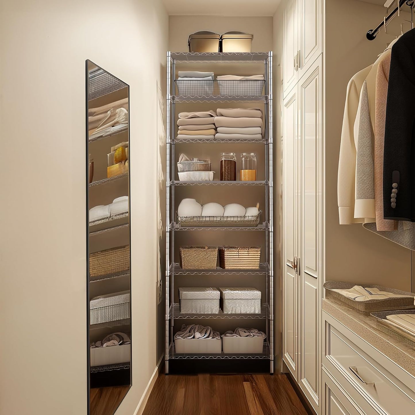 Finnhomy 8-Tier Wire Shelving Unit Adjustable Steel Wire Rack Shelving 8 Shelves Steel Storage Rack or Two 4-Tier Shelving Units with PE mat, Leveling Feet and Safety Device, NSF Certified, Chrome