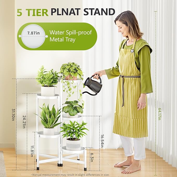 5 Tier Metal Plant Stand Indoor, Rotatable Corner Plant Shelf Outdoor, Tiered Flower Pot Display Stand, Black Multiple Plants Holder for Patio Living Room Balcony Garden Home Decor - White