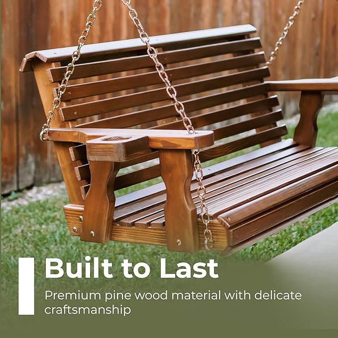 Amish Casual 3 Foot Roll Back Porch Swing with Cup Holders in Semi-Solid White Stain - Amish Made in The USA from Treated Pine Heavy Duty 700 Lb. Weight Capacity