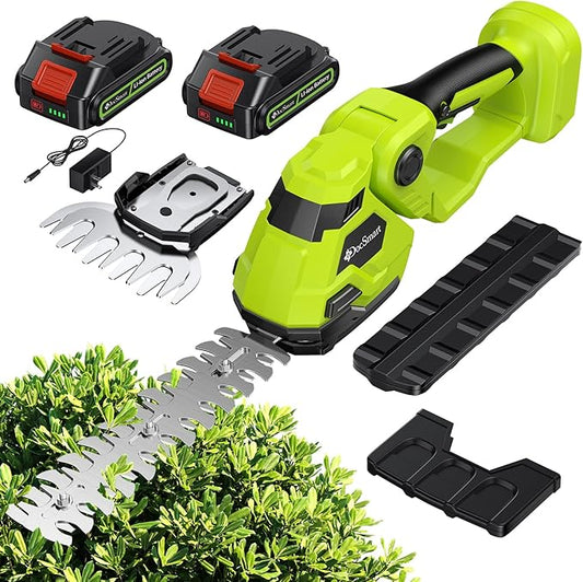Hedge Trimmer Cordless with Battery, 2-in-1 Electric Handheld Grass Shear Cutter with 2 Pack Rechargeable Battery, Mini Bush Trimmer Kit for Garden Yard Lawn Pruning, Green
