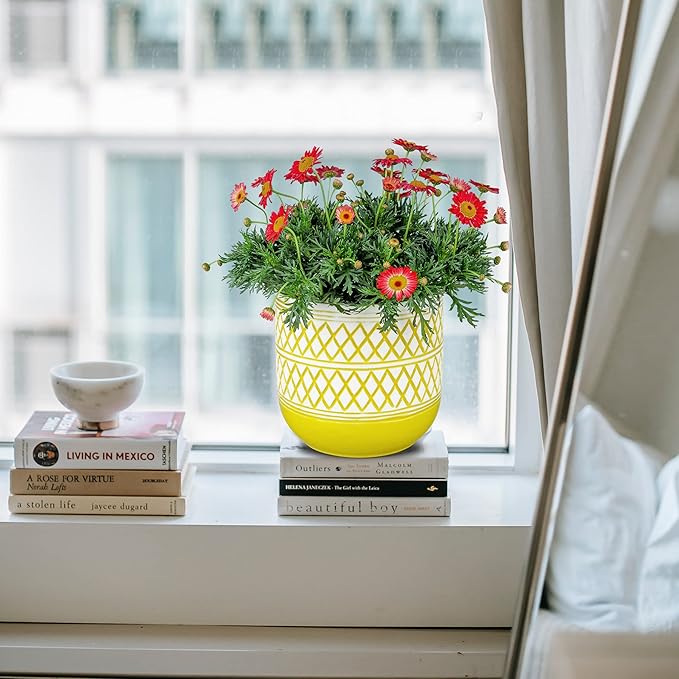 Ceramic Plant Pots, 6 + 4.7 inch Yellow Plant Pot, Flower Pots for Indoor Plants， Planter with Drainage Hole for Succulent Orchid Snake Plants Cactus