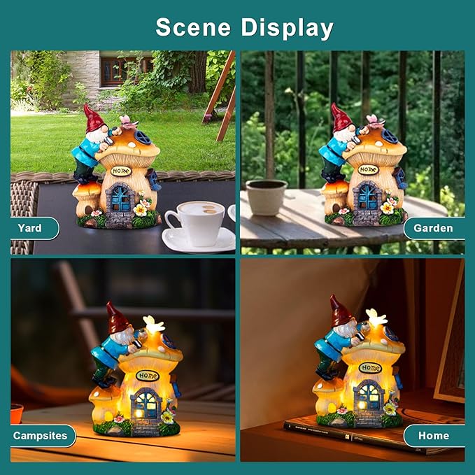 Garden Gnome Statues Figurine Lights - Solar Powered Lighting Outdoor Decorations, Gnome Build Mushroom House, Yard Art Lawn Ornaments for Porch Patio Balcony - Gnome Gifts for Women Mom