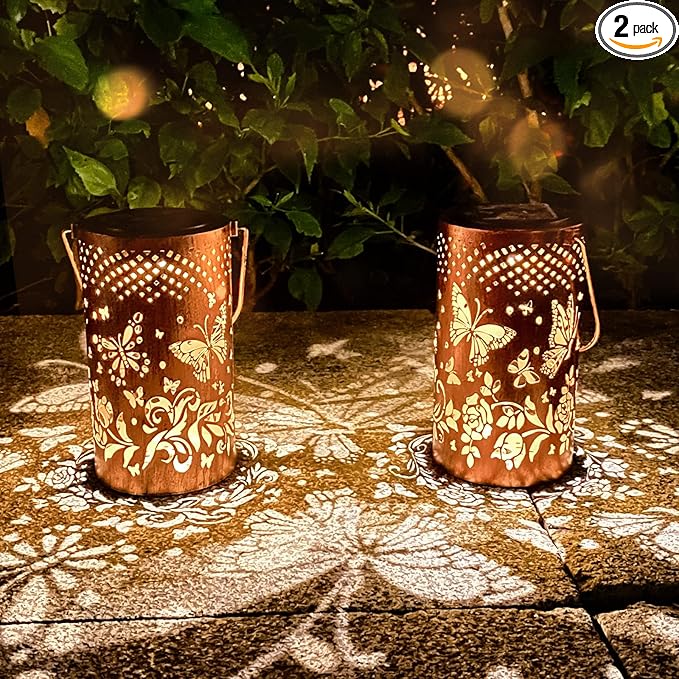 2 Pack Butterfly Solar Lanterns Outdoor Hanging Lantern Lights, Butterfly Hollowed-Out Metal Decor Lantern, Waterproof LED Decorative Garden Light - Delicate Garden Decoration
