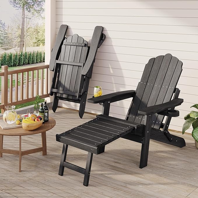 Adjustable Backrest Folding Adirondack Chair Set of 2, Adirondack Chair with Ottoman, Weather Resistant Fire Pit Chair with 2 Cup Holders, for Porch Backyard Outdoor Lawn Pool Deck Beach, Black