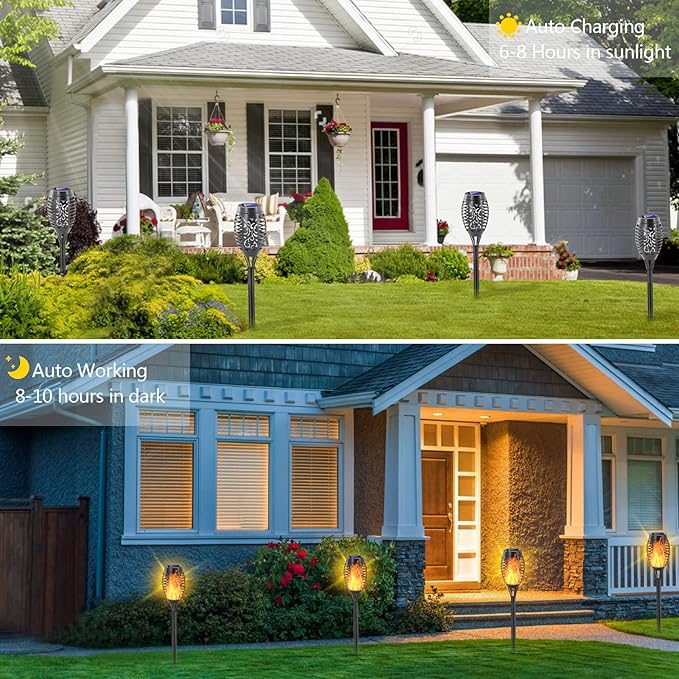 EOYIZW Solar Outdoor Lights, Solar Tiki Torches with Flickering Flame for Outdoor Decor, Waterproof Outdoor Lights Solar Powered, 12 LED Mini Torch Lights Decorative for Garden Yard Patio