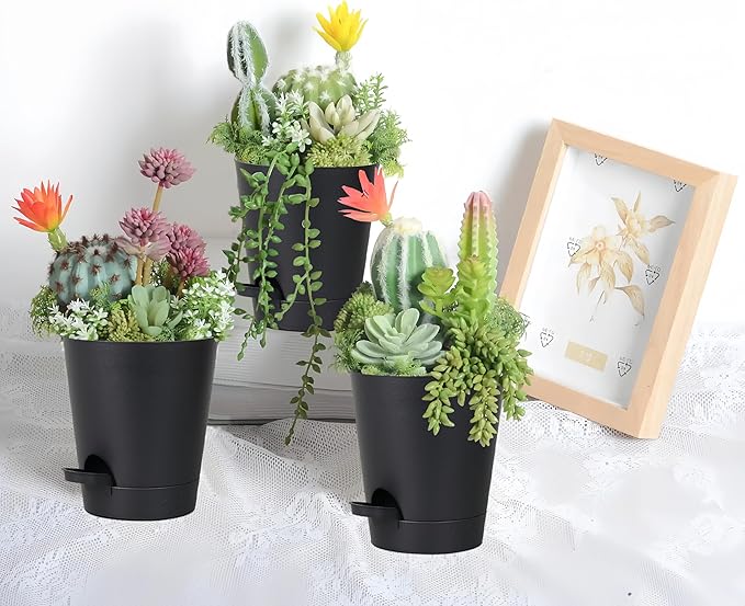 12 Pack 4 Inch Self Watering Plant Pots with Drainage and Saucers，Plastic Flower Pots for Indoor and Outdoor Plants, Nursery Planters for Houseplants and Herbs Black, 4 inch 12pcs