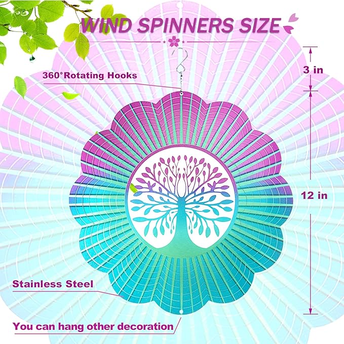 Decoroca Hanging Wind Spinner - Tree of Life 12in Wind Spinner Outdoor, Stainless Steel Wind Spinners Yard Garden Decor Indoor, Kinetic 3D Metal Crafts Ornaments Decoration