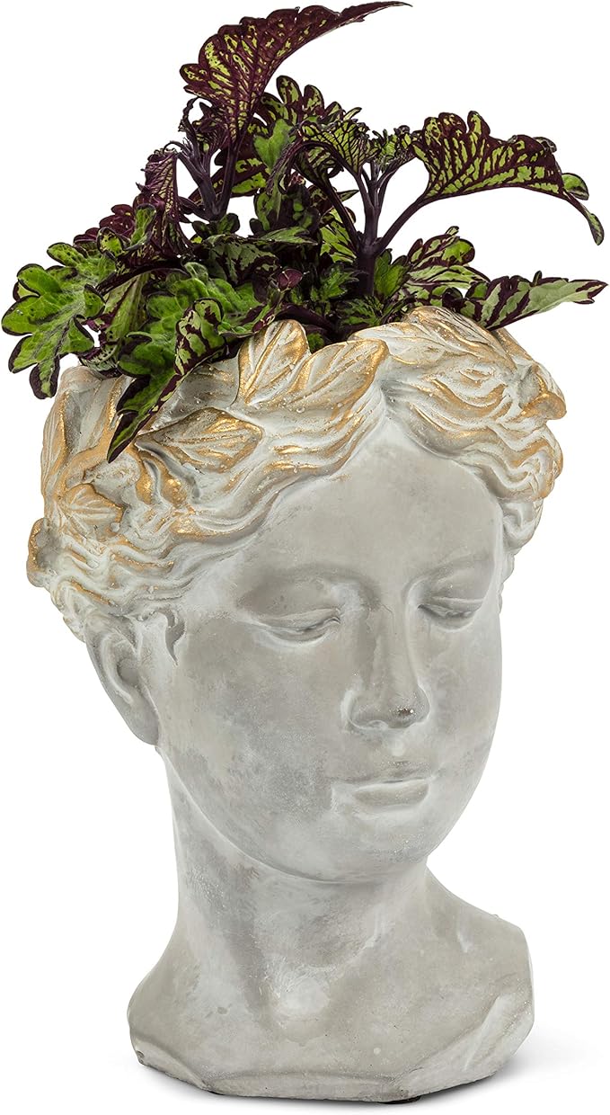 Abbott Collection Aphrodite Head Planter – Medium Indoor and Outdoor Planter Pots - Whimsical Woman Statue Head Planter for Flowers and Succulents (8.5 inch, Grey/Gold)