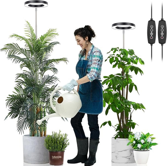 LORDEM Grow Light for Indoor Plants, 7.9" Full Spectrum LED Plant Grow Light, Height Adjustable Growing Lamp with Auto Timer 4H/8H/12H, 6 Dimmable Levels, Ideal for Large Tall Plants, 2 Packs, Black