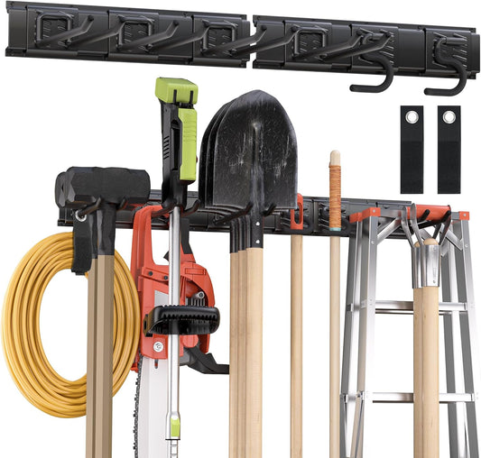 Garden Tool Organizer Wall Mount, 32 inches Tool Storage Rack with Adjustable Hooks, 600lbs Adjustable Heavy Duty Metal Hooks, Yard Shed Rack Holder System Hanging Rake Broom Mop Snowboard, Men Gift