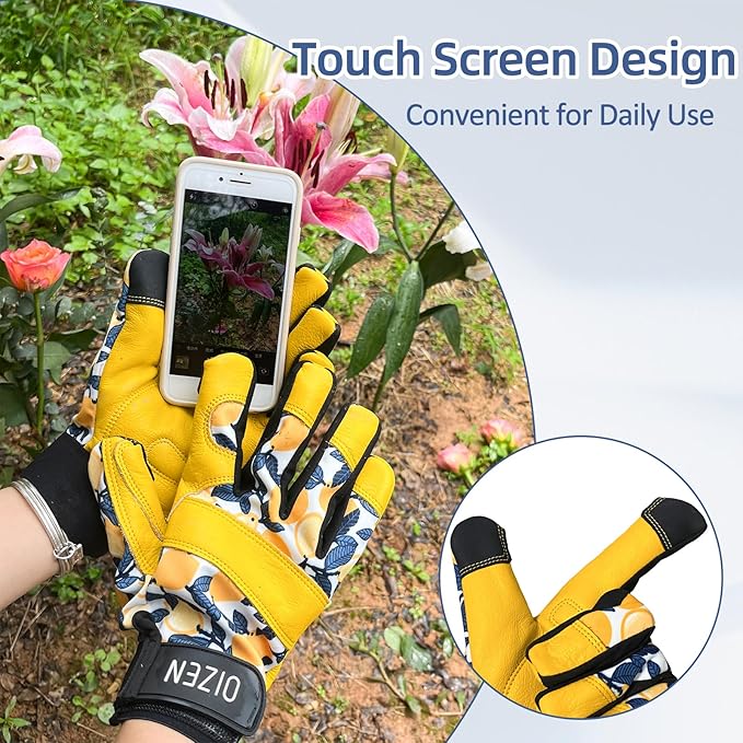 Cowhide Leather Thorn Proof & Puncture Resistant Gardening Gloves for Women and Men, Touchscreen Compatible Working Gloves for Weeding, Digging, Planting, Gardening Gifts for Women (Small)