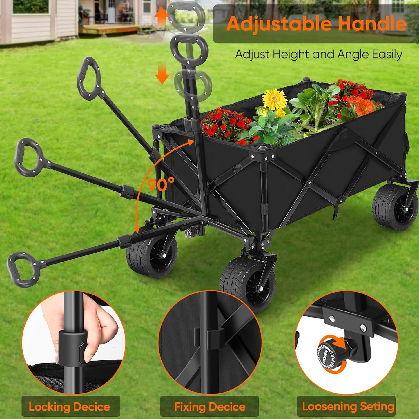 Collapsible Wagon with Table, Large Capacity Foldable Wagons Carts, Beach Wagon with Big Wheels, Heavy Duty Beach Car Utility Wagon for Outdoor Park, Shopping, Sports, Camping, Garden