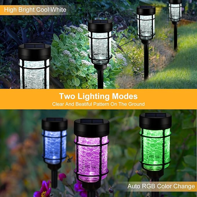Solar Pathway Lights 8 Pack, Color Changing + Cool White LED, Waterproof Solar Crackle Glass Stake Lights for Garden Path, Walkway, Backyard, Lawn, Landscape Decoration