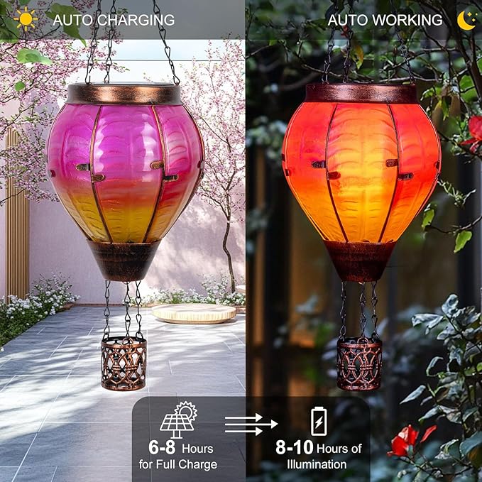 Hot Air Balloon Solar Lantern with Flickering Flame Light Outdoor Solar Hanging Lights Waterproof for Garden Yard Farmhouse Patio Pathway Outside Decoration, Pink&Orange