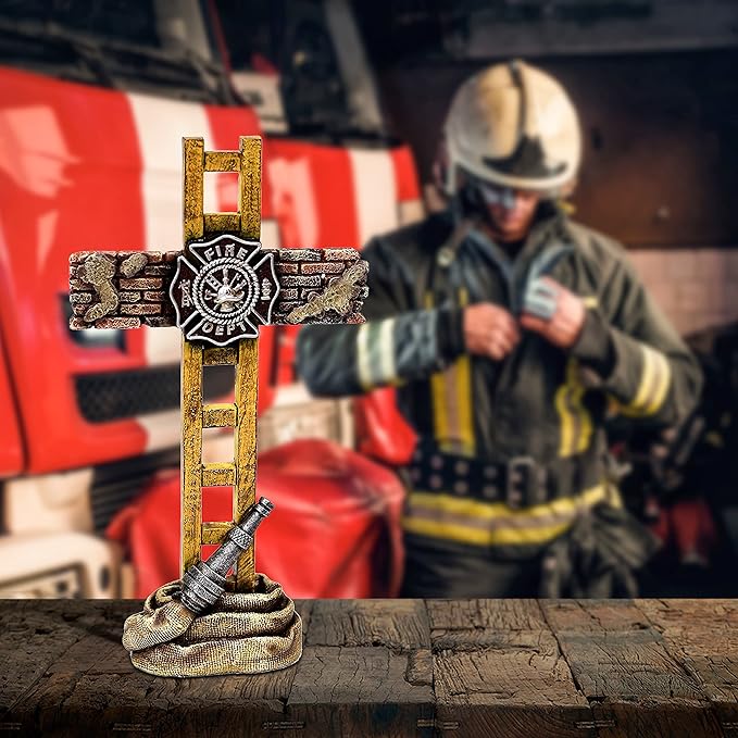 Firefighter Accessories, Fireman Standing Cross Statue Memorial 10", Fire Fighter Gifts