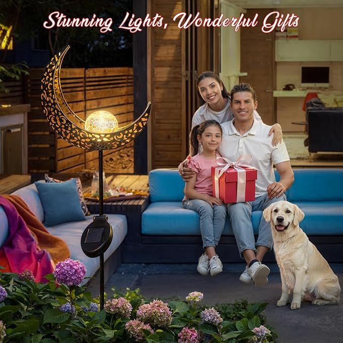 HOMEIMPRO 2Pack Moon Garden Solar Lights Outdoor Stakes Waterproof, Gifts for Mom, Crackle Glass Patio, Backyard Decorations, Balcony Lawn Ornaments, for Women Men Grandma (Bronze)