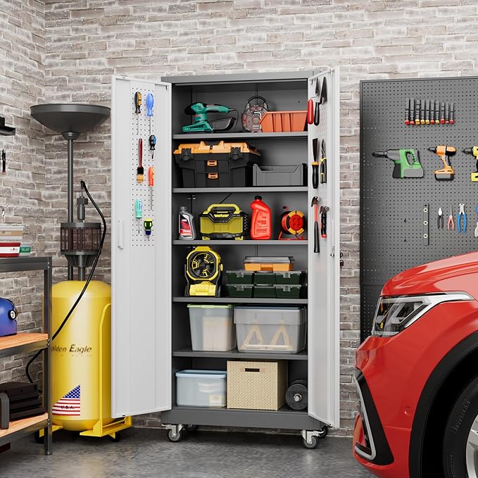 71" H×32" W×16" D Garage Storage Cabinet with Wheels & Pegboard, Locking Metal Storage Cabinet with Doors and 5 Adjustable Shelves & & 4 Hooks for Garage Warehouse Home Office, White and Gray