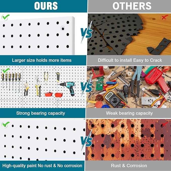 4 Pack Steel Peg Board,Universal 1/8 and 1/4 Pegboard Accessories,Ideal for Garage Tool Storage, Office Organization, Craft Room, Kitchen etc. (White, 4-12X12)