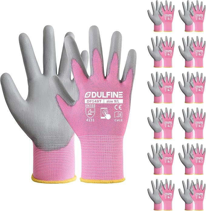 DULFINE Work Gloves for Men PU Coated 12 Pairs Bulk Pack,Pink Seamless Knit Glove with thin Polyurethane,Two Finger Touchscreen, for Men and Women, Ideal for Light Duty Work. (Medium)