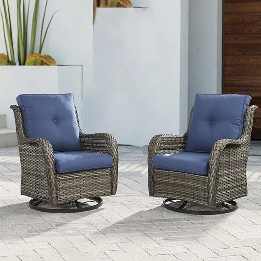 Outdoor Patio Swivel Rocker Chairs - Wicker Rattan Patio Swivel Rocking Chairs Set of 2 with High Back,Deep Seating and Comfort Cushions for Deck Porch Garden,Mixed Grey/Blue