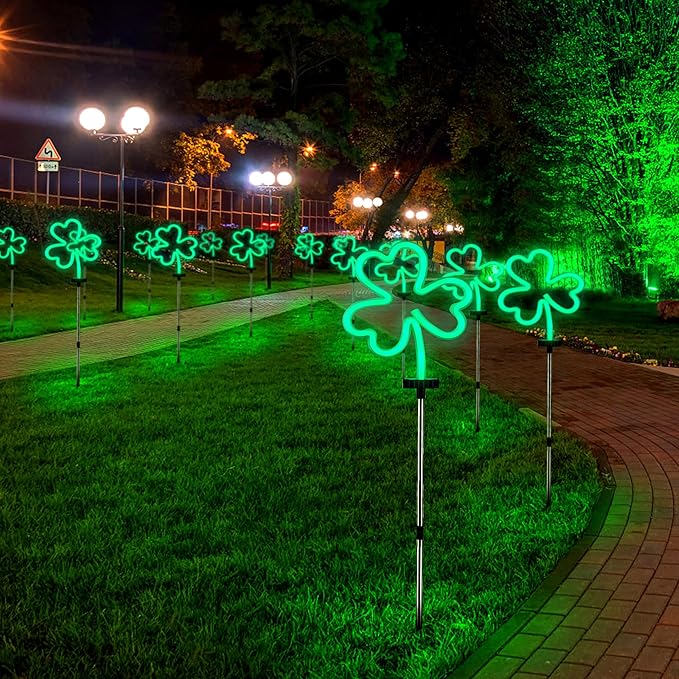 BlcTec St Patricks Day Decorations Outdoor, 4PCS Shamrock Neon Lights with Stainless Steel Stakes, Waterproof Irish Green Shamrock Pathway Lights for Yard Lawn Garden Porch Decor, Plug in