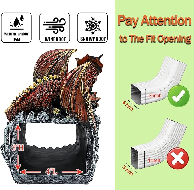 Dragon Statue Gutter Downspout Extender,Garden Outdoor Decor Sculpture,Gutter Diverter Rain, Splash Block,Eco-Friendly Resin, Decorative Gutter Extension Downspout, Ideal for 3"x4" Downspouts