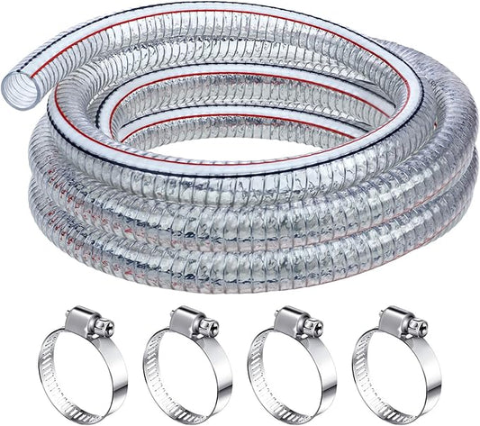 Frienda Heavy Duty Steel Wire Flexible Tubing with Fasteners PVC High Pressure Drain Hose Tube Pond Tubing Clear Wire Reinforced for Pond Bilge Pump Vacuum Suction Hose(6.6 Ft, 3/4 Inch Id)