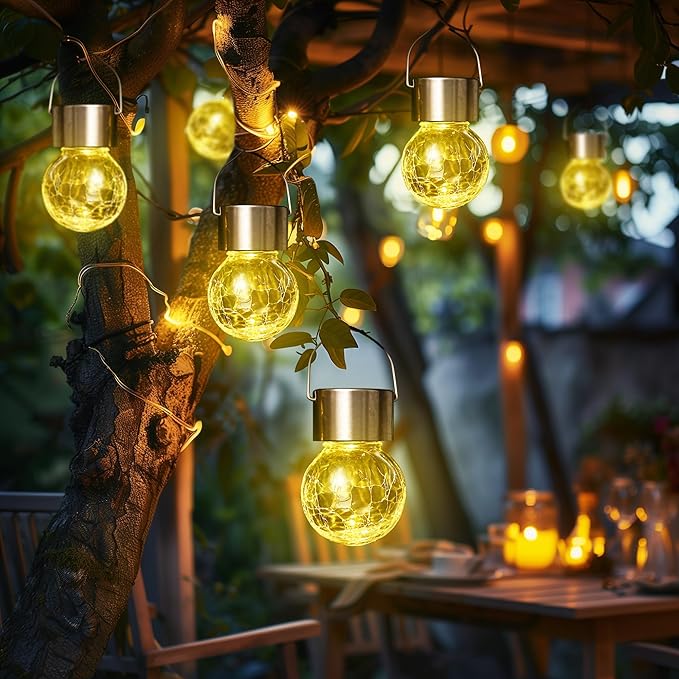 GIGALUMI 24 Pack Solar Outdoor Lights, Solar Hanging Lights for Christmas Decoration-Cracked Glass Solar Lights Outdoor Waterproof for Garden, Yard, Fence, Tree（Warm White）