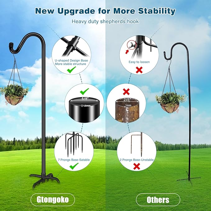 Gtongoko Tall Shepherds Hook for Outdoor, 108 Inch Bird Feeder Pole with 7 Prongs Base, 5/8 Inch Thick Heavy Duty Adjustable Garden Hook for Hanging Plant, Lantern, Hummingbird Feeder, 1 Pack